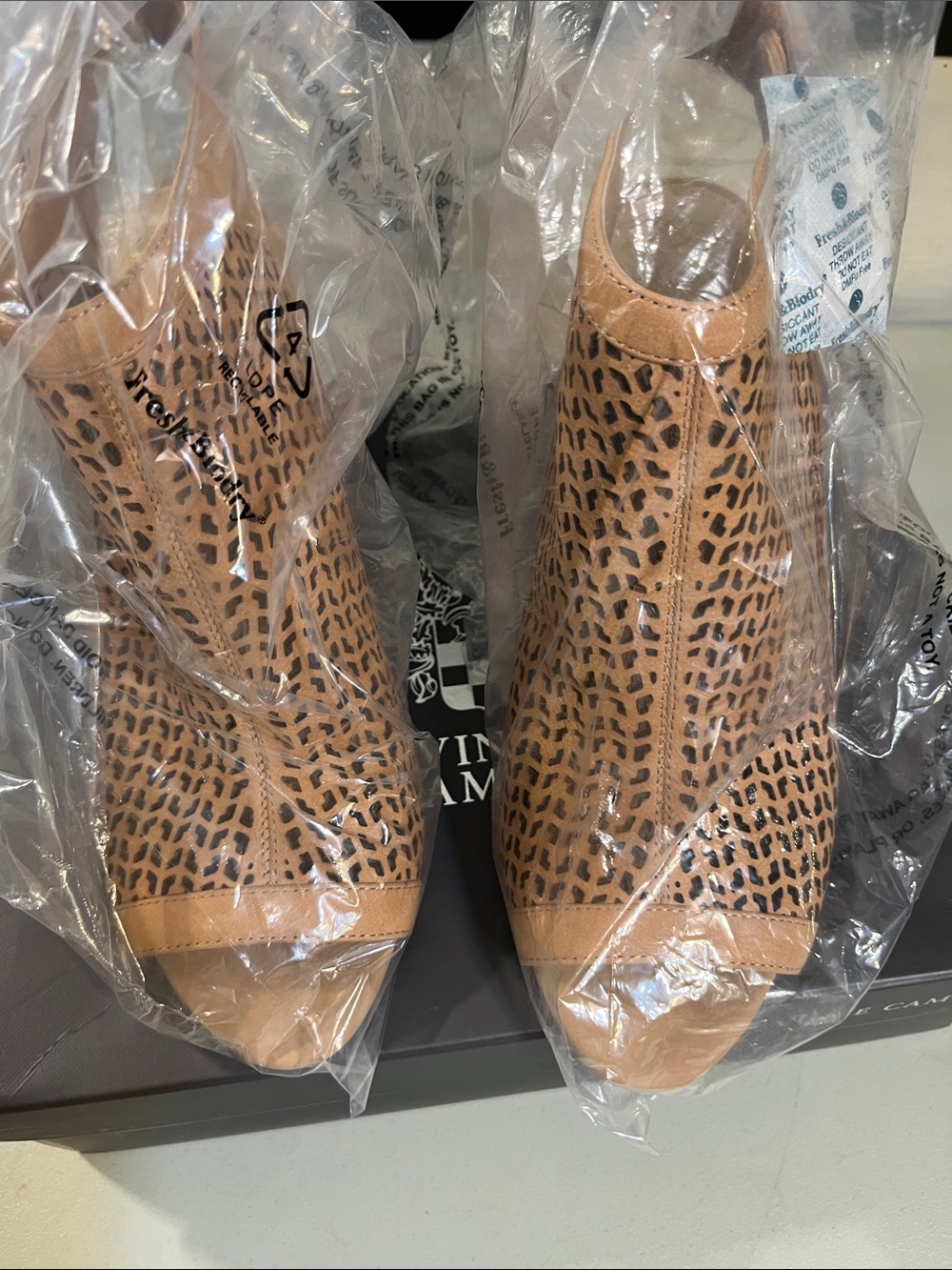Vince Camuto Tan Leopard Print Peep-Toe Heeled Booties